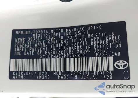 2021 Toyota Corolla Le from USA, damaged, VIN 5YFEPMAE2MP244800